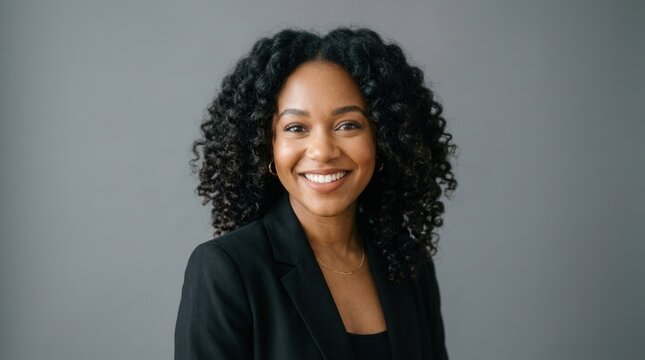 Portrait young woman curly hair She smiling looking happy smiles