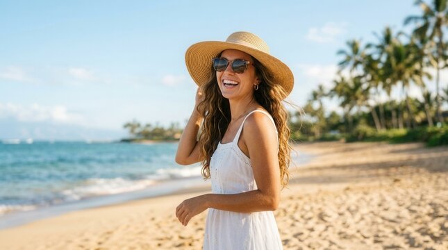 Portrait young woman beach She wearing large straw Brunette sunglasses