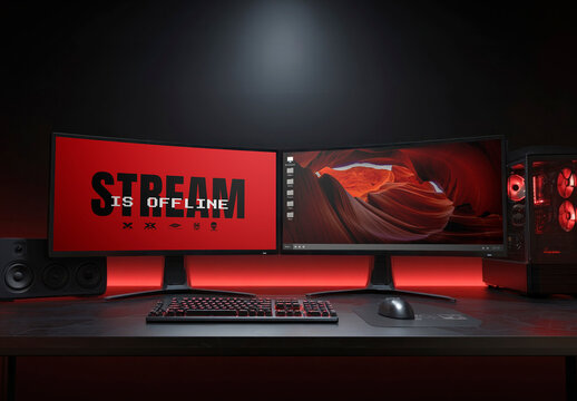 Dual Monitors Mockup Gaming Setup Illuminated PSD