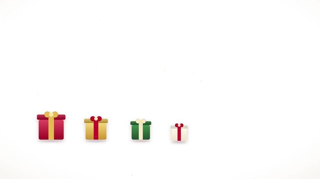 Four festive holiday gift boxes of varying sizes displayed in a minimalist horizontal row against a clean white background