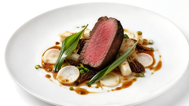 Fine dining main course featuring medium-rare beef sirloin, white asparagus, Solomon&rsquo;s seal, seasonal green leaves and glossy craft ale jus