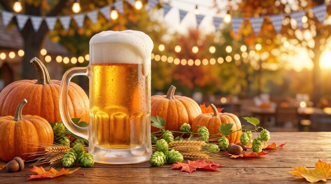 Oktoberfest beer mug with pumpkins, hops and wheat on a rustic wooden table with festive lights. Traditional Bavarian beer festival banner for seasonal promotions and autumn celebrations