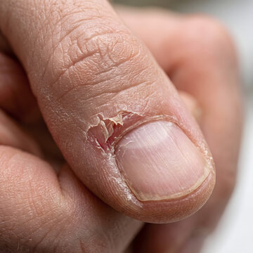 Thumb showing a torn hangnail and dry, peeling skin around the nail bed represents common dermatological issues.