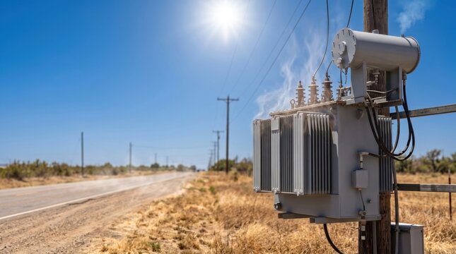 Overheated electrical distribution transformer emitting heat on a hot summer day under intense sunlight. Heatwave impact on power grid infrastructure, electricity demand
