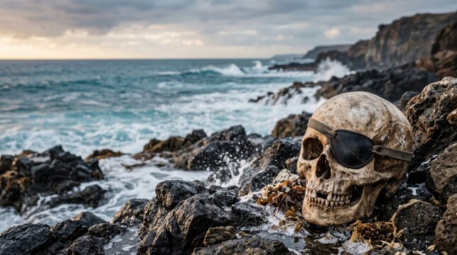 Weathered pirate skull with an eyepatch resting on rocky seashore as waves crash in the background. Adventure, mystery, and dramatic coastal fantasy concept