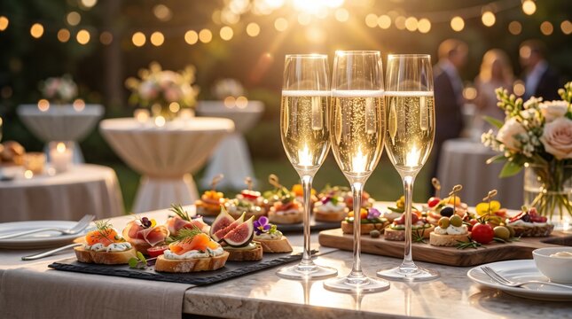 Elegant champagne glasses and gourmet appetizers at an outdoor reception during golden hour. Luxury celebration, wedding party, corporate event and fine dining hospitality concept