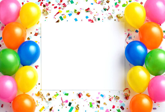Bright colorful balloons and confetti surrounding a blank white space for celebration invitations
