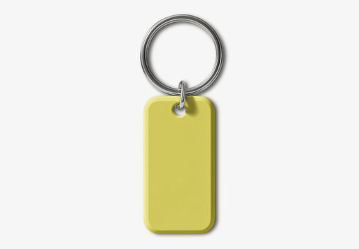 Minimal Keychain Tag Mockup PSD With Yellow Blank Rectangular Key Fob