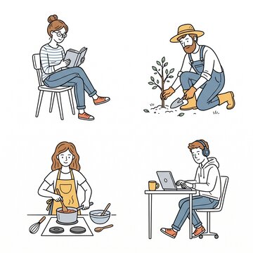 four flat outline vector illustrations showing people reading planting cooking and working on a laptop