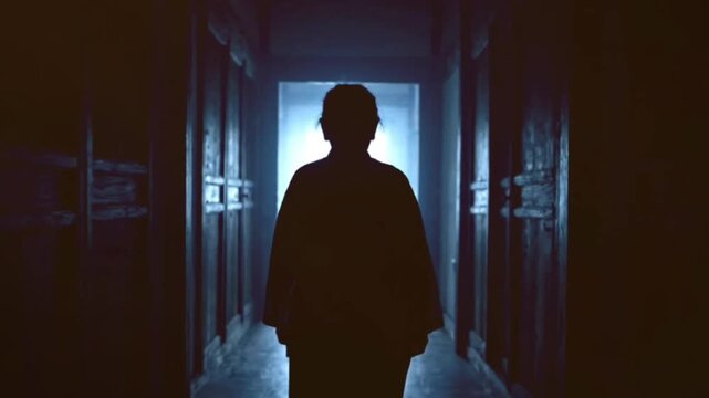 Silhouette of a person walking down a dark and mysterious hallway towards bright light, creating dramatic and cinematic footage with a sense of anticipation.