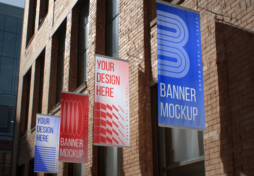 Outdoor Banner Mockup PSD On Brick Building With Three Hanging Signs