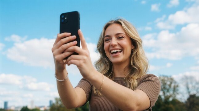 Young woman blonde hair holding black Happy laughing while taking selfie with smartphone outdoors