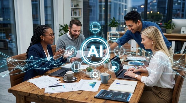 Group four people sitting around wooden table office AI top-down view