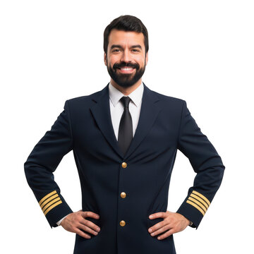 Smiling male airline pilot standing in uniform isolated on transparent background