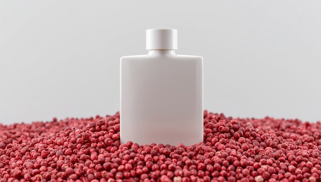 Blank white square cologne bottle on a pile of red peppercorns