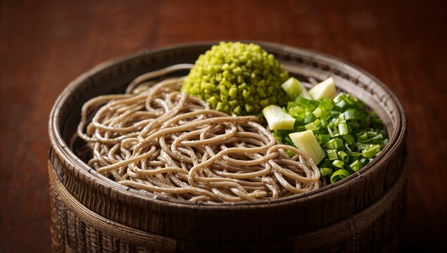 Cold buckwheat soba noodles in bamboo sieve with green onions and garnish