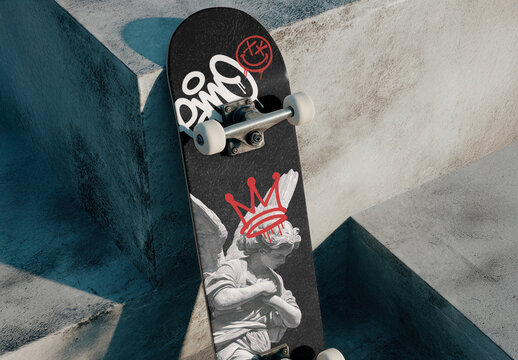 Skateboard Mockup PSD With Urban Graffiti On Steps Edgy Street Style