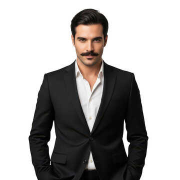 Handsome man with mustache wearing a black suit and shirt isolated on transparent background