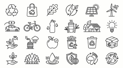 Fototapeta premium Eco friendly sustainability thin line icon set with recycling renewable energy green living and nature