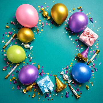 Colorful party decorations with balloons confetti gift boxes and party blowers arranged in a circle