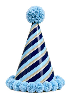 Colorful striped party hat with glitter and fluffy blue pompoms perfect for celebrations and birthdays