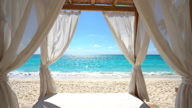 Tranquil Beach Cabana with Turquoise Ocean View and White Curtains Swaying in Breeze