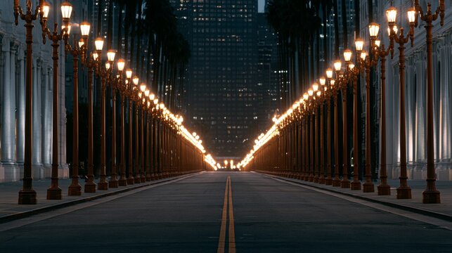Serene Nighttime View of an Urban Street with Elegant Lamp Posts Leading Towards City Skyline Illuminated in the Background