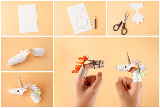 diy paper unicorn finger puppet tutorial step by step instruction, handicraft project for kids craft school education, useful for toy stores and parenting blogs,