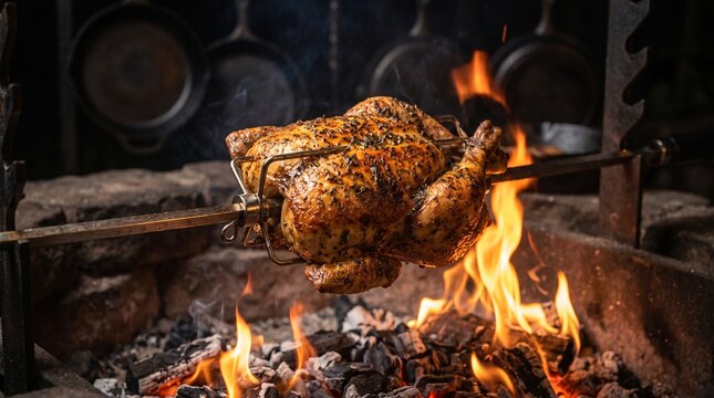 A whole organic chicken roasting on a metal rotisserie spit over a bright open wood fire