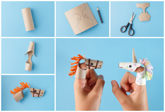 Step by step tutorial for making horse finger puppets from cardboard tube. DIY paper craft process collage with recycled toilet paper roll. Children creative activity for kids