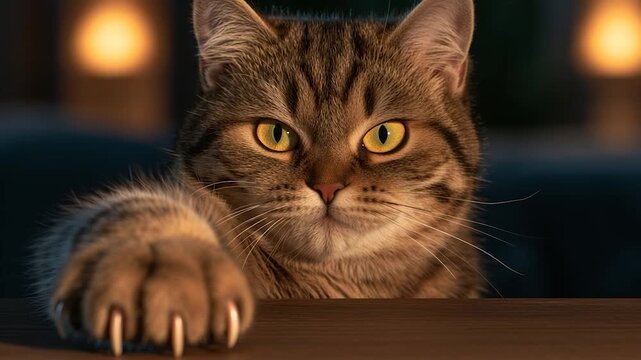 Warm light glows softly behind the cat