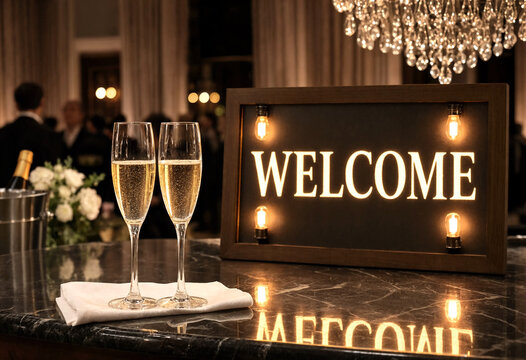 Elegant welcome sign with champagne flutes on a table at a sophisticated evening event setting