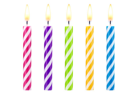 Five colorful birthday candles lit with vibrant stripes isolated for celebration and party decorations