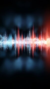 Vibrant soundwave pulses with luminous particles in blue and red tones, symbolizing innovation in audio and digital tech. The abstract design evokes futuristic energy and immersive sound experiences