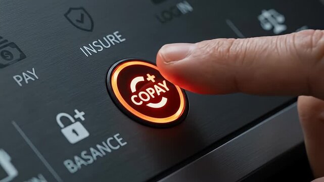 Finger pressing illuminated orange button black control panel with pay, insure, balance, login symbols representing secure digital transaction, modern technology, and user interaction touch control