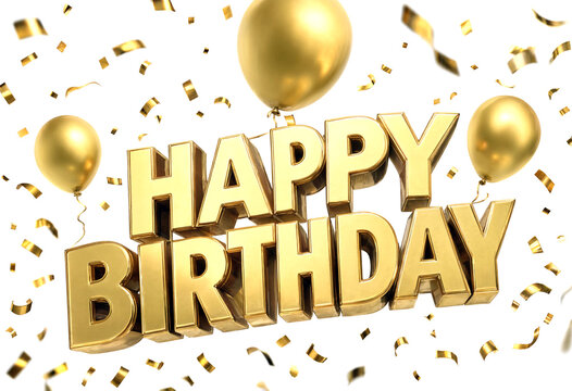 Golden happy birthday text with shiny balloons and confetti celebration design isolated scene