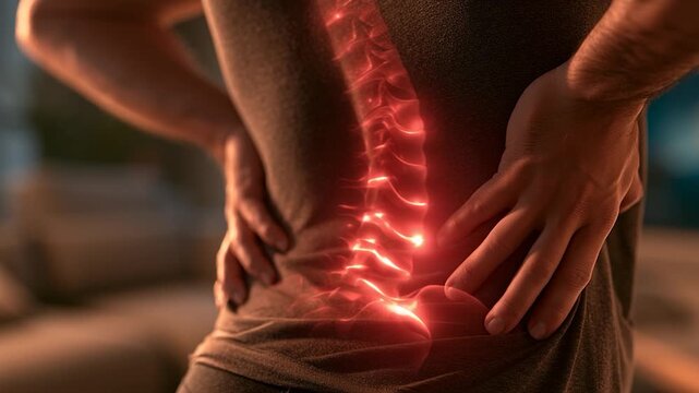 Man holds lower back, glowing spine highlighted