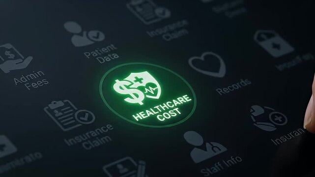 Healthcare cost icon glowing digital screen with medical insurance expense management, patient data control, records management, insurance claim, and healthcare finance concept for efficient digital