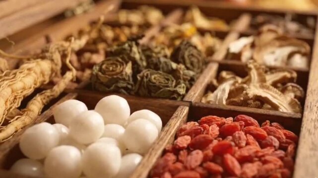 Close up of ancient wooden box filled with traditional Chinese herbal medicine ingredients in compartments showcasing natural dried botanicals roots and berries.