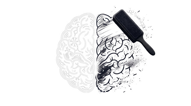 Conceptual brain illustration with blackboard eraser, mental health and memory loss concept, human mind being erased and fading away isolated PNG with Transparent Background