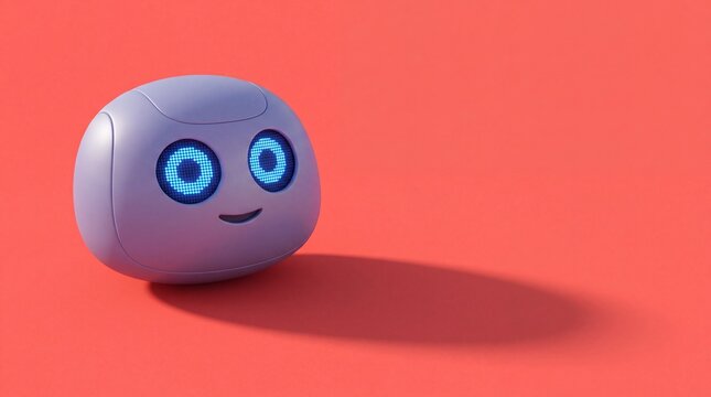 Cute lilac mini robot with glowing blue digital eyes technology friendly