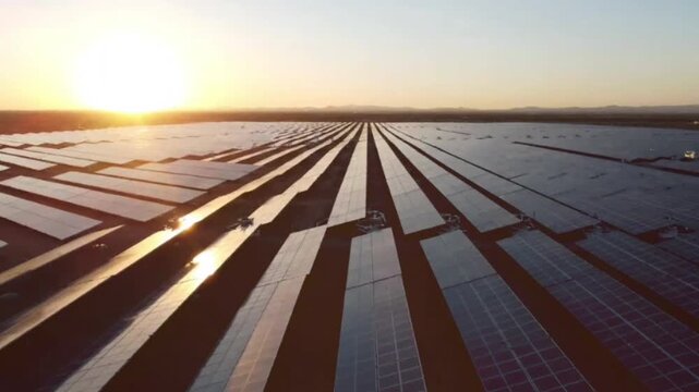 Aerial view of large solar farm with many panel rows reflecting bright evening sun during beautiful golden hour sunset transition in wide open desert landscape.