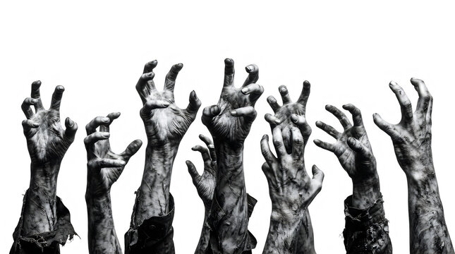 Group of scary zombie hands reaching up for a spooky halloween theme isolated on transparent background