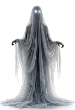 Hauntingly beautiful ghostly figure draped in flowing tulle fabric with glowing eyes and eerie presence