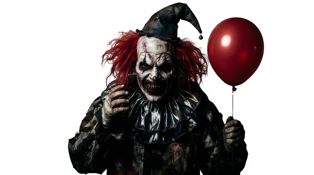 Scary evil clown holding a red balloon for a spooky halloween concept isolated on transparent background
