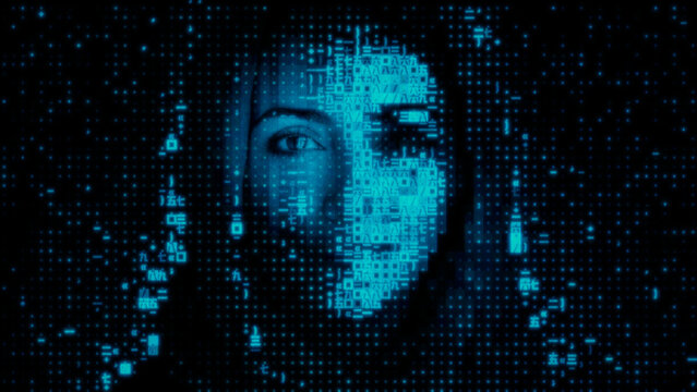 Female Face made of Digital Code. AI Training Data Concept.