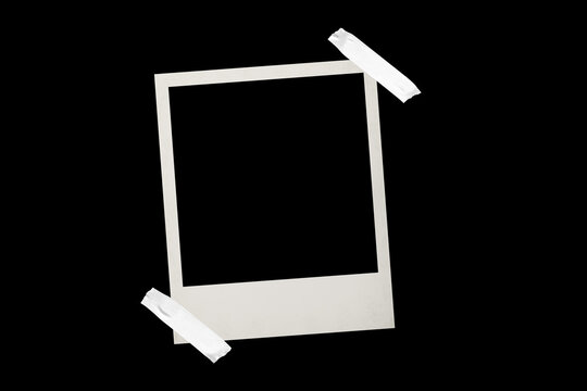 Vintage photo frame card with textured paper and adhesive tape, isolated on black JPEG background