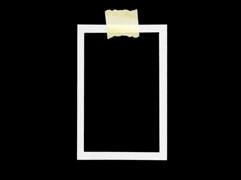 Vintage photo frame card with textured paper and adhesive yellow tape, isolated on black JPEG background