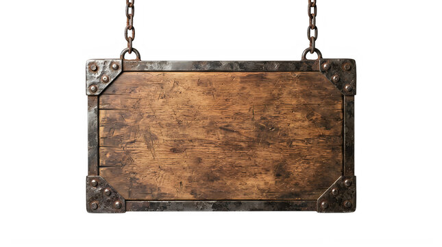 Rustic wooden sign with metal frame hanging on chains for halloween isolated on transparent background