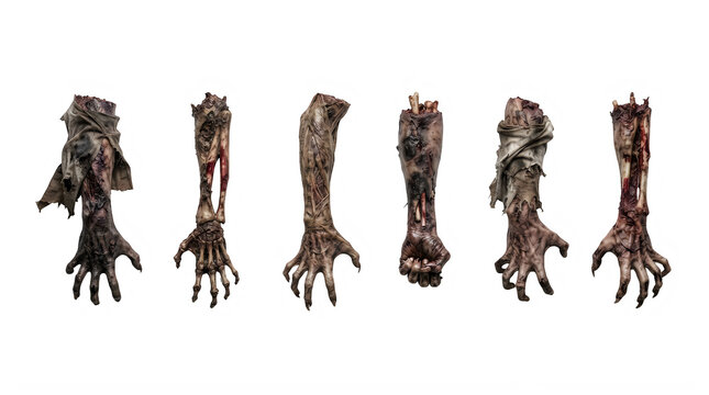 Set of six severed zombie arms for scary halloween decoration isolated on transparent background